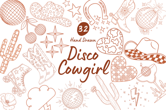 Download 32 Disco Cowgirl Hand Drawn Graphics - Hand Collection
