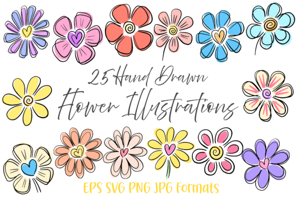 Download 25 Heart Doodle Hand Drawn Flowers Flora - Hand Collection